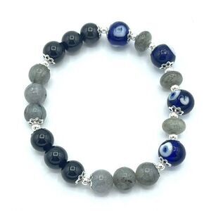 Crystal beaded stretch bracelet ONE NEW evil eye silver obsidian labradorite rei